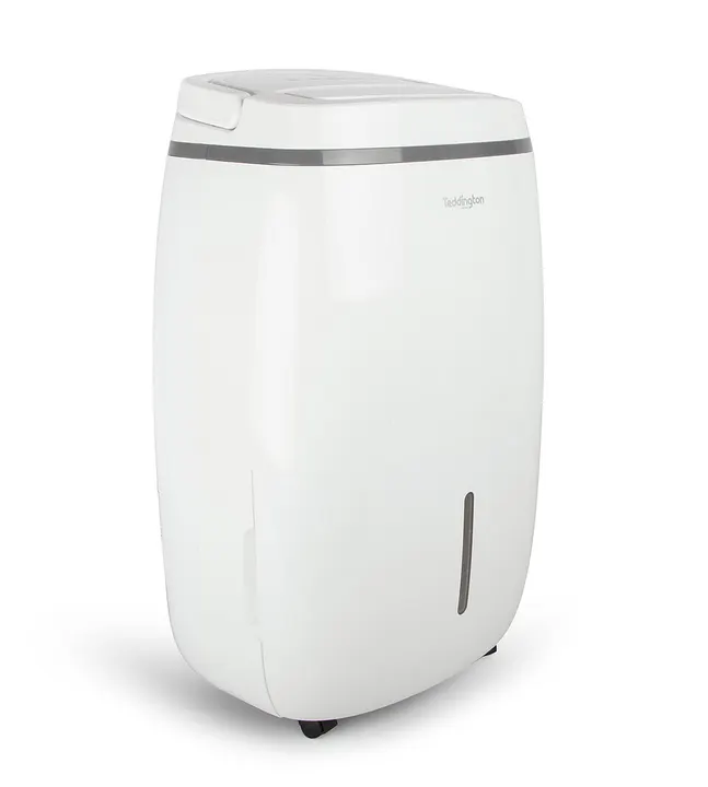 Deshumidificador doméstico de compresor, blanco, con depósito frontal y ruedas